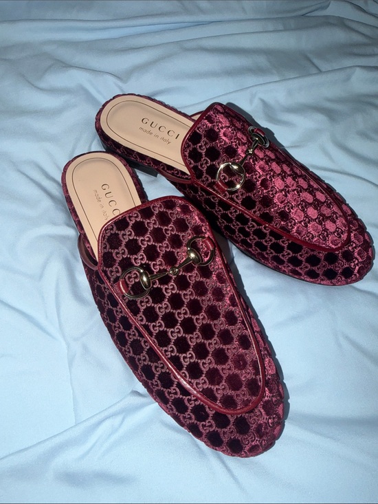 Gucci Shoes - Gucci Burgundy Velvet GG Horsebit Mules